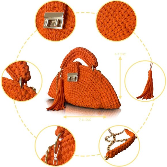 Women's Orange Handmade Crochet Evening Small Formal Flap Crossbody Clutch Bag - Picture 5 of 6